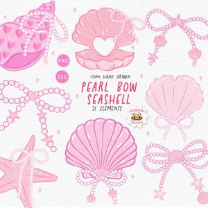 Lazo de perla retro con coqueta, concha SVG PNG, lazo de verano PNG, concha marina con lazo de perla, verano costero femenino rosa, conjunto estético de pescador preppy