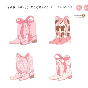 May include: Four pairs of pink cowboy boots with bows. Each pair has a different design on the boot shaft: solid pink, white stars, white flowers, and brown and white cow print.