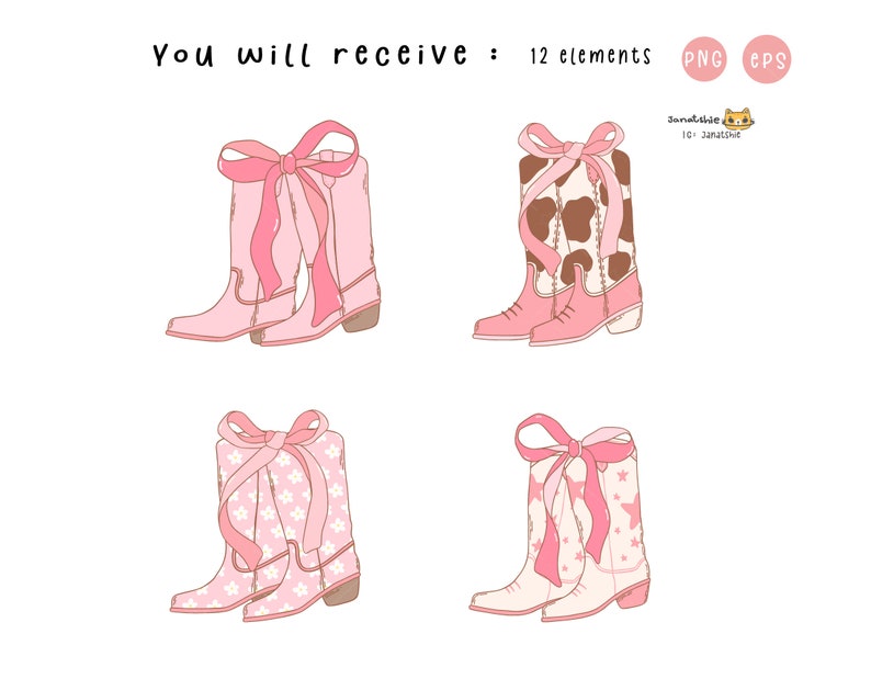 May include: Four pairs of pink cowboy boots with bows. Each pair has a different design on the boot shaft: solid pink, white stars, white flowers, and brown and white cow print.