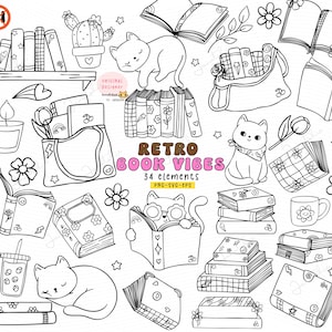 Esboço de livro retrô svg, amante de livros moderno e descolado, clipart de rabisco de vibração, gato e livros png, desenho de livro moderno vintage