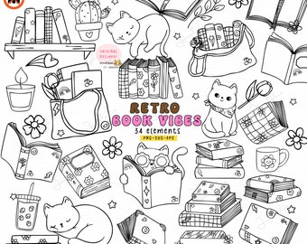 Retro Bookish Cat Doodle Clipart: Groovy Book Lover SVG PNG EPS