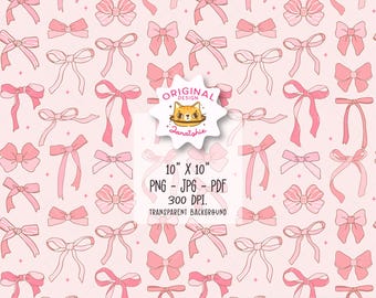 Coquette Pink Ribbon Bow Pattern: Hand-Drawn Seamless Digital File (PNG, JPG, PDF)