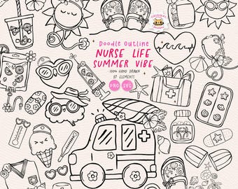 Groovy Summer Nurse Life Outline Doodle Clipart Set: Beach Vibe Hand Drawn (SVG, PNG)
