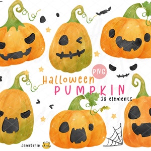 かわいいハロウィンのジャック・オー・ランタンとカボチャのクリップアート水彩画 | 不気味なカボチャの顔 | デジタルPNGセット