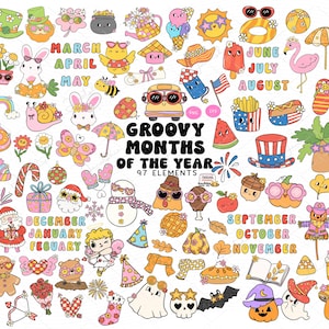 Pacchetto di clipart di mesi dell'anno groovy, clipart di decorazioni per aule scolastiche, clipart di stagioni dell'anno, clipart di personaggi, doodle