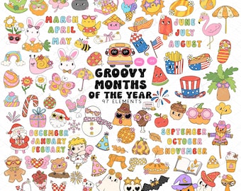 Clipart dei mesi dell'anno più cool: decorazioni per l'aula in stile discoteca retrò (PNG EPS)