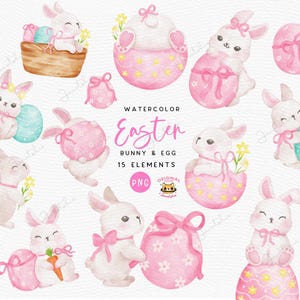 Mignon coquette lapin de Pâques PNG, lapin aquarelle avec oeuf et noeud de ruban, ensemble de cliparts peints à la main, esthétique printanière pastel