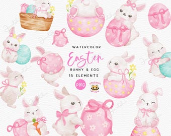 Akvarellkokett påskhare PNG: Kanin med rosa rosett set (digital nedladdning)