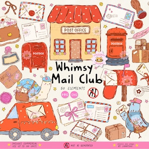 Op de afbeelding: Een digitale illustratieset genaamd Whimsy Mail Club met 50 elementen, waaronder een postkantoor, rode brievenbussen, een postauto, enveloppen, ansichtkaarten, pakketten, een slak met een huisje en een vogel met een postbodepet.