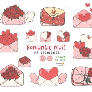 Lindo clipart de correo de amor de San Valentín con rosas rojas y corazón / Doodle de sobre romántico / Conjunto de clipart PNG EPS