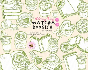 Whimsy Matcha and Book Outline Clipart Set PNG SVG, Girly Coffee Bookish Hand Drawn