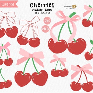Cute Coquette Cherries with Pink Bow SVG Clipart Set - Layered Cut File
