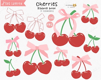 Coquette Red Cherries with Pink Bow PNG SVG Cut File
