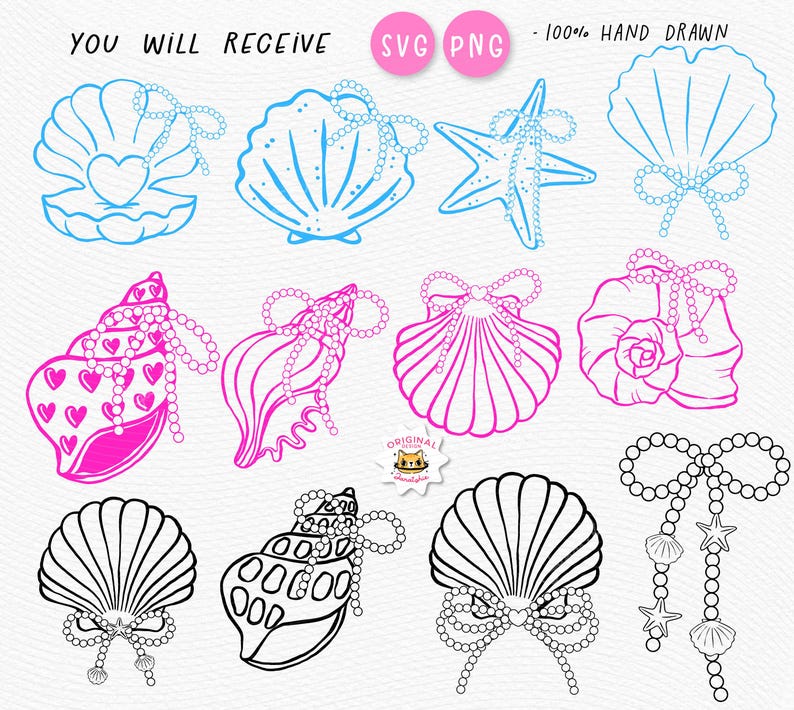 Coquette Pearl Bow Seashell Outline Clipart Preppy Girly Coastal Summer ...