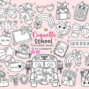 Coquette School svg Material escolar feminino Imagens para colorir digitais Clipart Conjunto Coquette Professora Contorno feminino Ônibus escolar, Laço de lápis png svg
