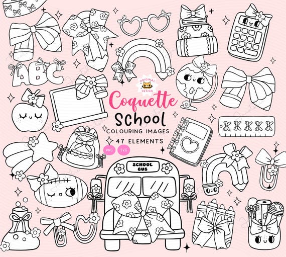 Coquette School Clipart Outline Set: Girly School Supplies Doodle Hand Drawn for Coloring Images (PNG, SVG)