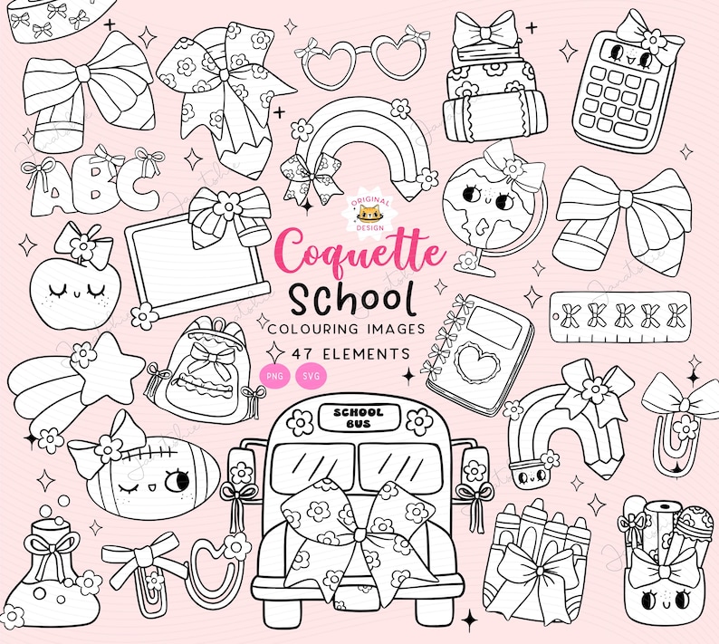 Coquette School svg Girl School Supplies digital colouring images Clipart Set Coquette Teacher Girly outline School bus, Pencil bow png svg