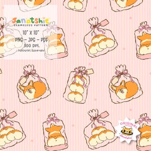 Puede incluir: Patrón repetido de traseros y caras de corgi de dibujos animados en bolsas transparentes atadas con cintas rosas. El fondo es rosa con rayas verticales y pequeños puntos rosas. El patrón incluye el texto "Janatshie" y "Seamless Pattern".