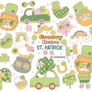Puede incluir: Un conjunto de 47 ilustraciones digitales de temática del Día de San Patricio en estilo retro y groovy. Las ilustraciones presentan un duende, tréboles, arcoíris, un pote de oro, un coche, un hongo, una herradura y una jarra de cerveza. Las ilustraciones están en un estilo retro con colores brillantes y un ambiente divertido y caprichoso.