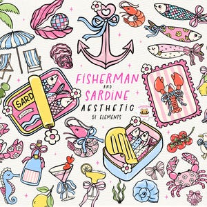 Leuke retro visserssardines clipartset | Pastelcoquette zomer SVG PNG | Handgetekende nautische kustkrabbel voor T-shirt, sticker en ambacht