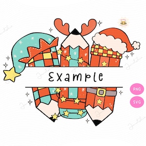 Moldura de monograma dividida com lápis de Natal personalizado e moderno, Moldura de agradecimento ao professor retrô com nome svg, Moldura de nome infantil personalizada svg png