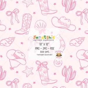 Puede incluir: Un patrón sin costuras con dibujos de línea rosa de botas de vaquero, cactus, conchas marinas, estrellas y sombreros de vaquero sobre un fondo rosa. El texto "Janatshie Pattern Seamless 10" x 10" PNG - JPG - PDF 300 DPI. Transparent Background" también está incluido en el diseño.