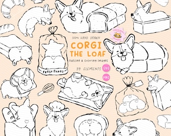 Kawaii Corgi Bread Loaf Outline Doodle Clipart: Whimsical Bakery Dog PNG Hand Drawn (SVG PNG)