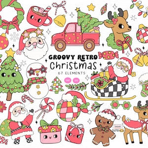 Groovy Christmas clipart png set Retro Christmas Santa png hippie rendier png Hippie kerst feestelijke vakantie illustraties doodle tekening set