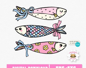 Girly Sardine with Bow Clipart, Coquette Fisherman PNG SVG (Digital Download)