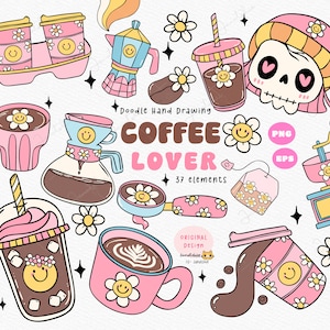 Caffè Girly clipart Groovy Retro Coffee png Set Coffee Supplies PNG Caffè ghiacciato PNG Coffee club Vibrazione positiva Design adesivo per maglietta alla moda