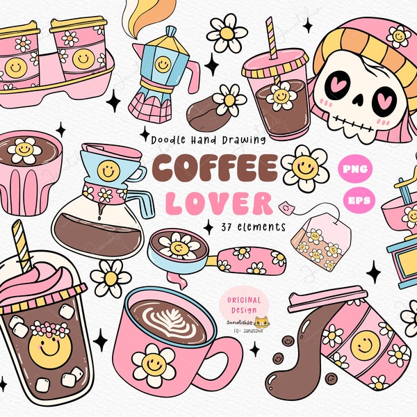 Ensemble de clipart girly café rétro, café glacé groovy PNG café club, ambiance positive joyeuse, design tendance pour t-shirt, autocollant, tasse, etc.