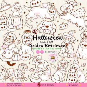 May include: A collection of brown line art illustrations featuring Golden Retriever dogs in Halloween costumes, pumpkins, bones, and leaves. The central text reads Halloween and Fall Golden Retriever Outline & Black and White PNG SVG 46 Elements.