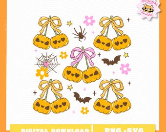 Clipart citrouille cerises : Halloween girly sublimation design (PNG, SVG, JPG)