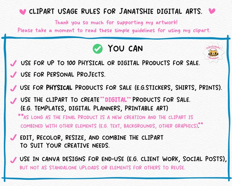 Op de afbeelding: Een document met een teal rand, met daarin de regels voor het gebruik van clipart. De tekst legt uit hoe de clipart kan worden gebruikt voor fysieke en digitale producten, persoonlijke projecten en Canva-ontwerpen. Het beschrijft ook toegestane en verboden toepassingen.