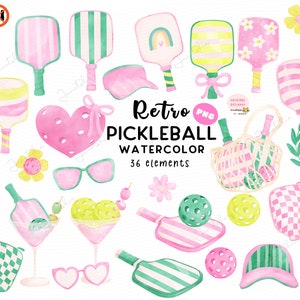 Könnte beinhalten: Aquarell-Illustrationen zum Thema Pickleball in Rosa, Grün und Gelb. Enthält Schläger, Bälle, Sonnenblenden, Sonnenbrillen, Blumen und Cocktails. Der Text "Retro Pickleball Watercolor 36 elements" ist ebenfalls vorhanden.
