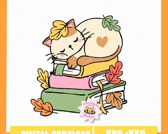 May include: A digital illustration of a sleeping cat with autumn leaves on a stack of books. The cat is cream and brown with a heart on its side. The books are pink, yellow, and green. The image includes the text "DIGITAL DOWNLOAD" and "PNG-SVG".