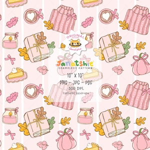 Peut inclure: Un motif sans couture avec des illustrations d'automne. Le design comprend des pulls roses, des livres, des citrouilles, des tasses à café, des bougies et des parts de tarte. Le texte "Zanatshie" et "Seamless Pattern" sont visibles. Le motif est de 25,4 cm x 25,4 cm.