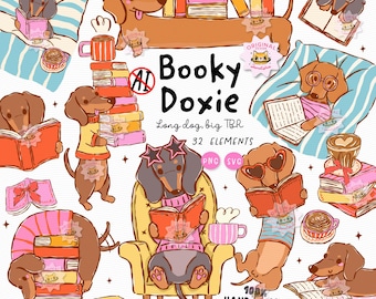 May include: A digital illustration set titled Booky Doxie featuring 32 elements of brown dachshund dogs reading books, wearing glasses, and sitting in chairs. The collection includes stacks of colourful books, coffee mugs, and striped pillows.