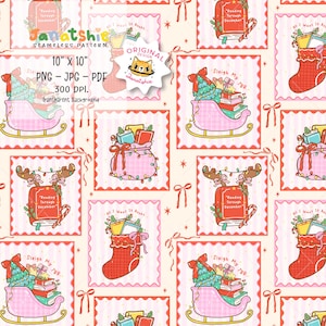 Könnte beinhalten: Nahtloses Muster mit weihnachtlichen Illustrationen. Das Design umfasst einen rosa Schlitten mit Büchern und einem Weihnachtsbaum, einen roten Strumpf voller Bücher und ein Buch mit Rentiergeweih. Der Text "Reading Through December" ist sichtbar.