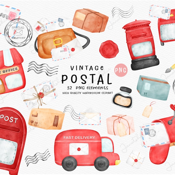 Postal Mailbox clipart watercolor png set, Post office PNG Vintage mail hand painting with stamp, envelope, letter.