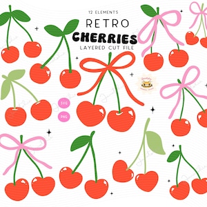 Y2K Cherry Ribbon Bow svg Retro Heart Cherry with Bow png Coquette Cherries with Bow SVG Clipart Set - Layered Cut File