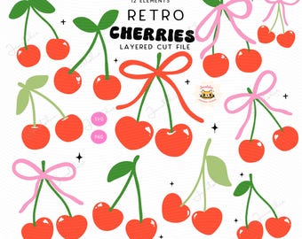 Coquette Cherry Bow Clipart Set: Retro Cherries SVG PNG (Layered Cut File)