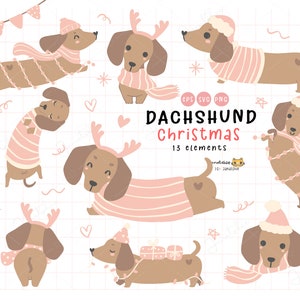 Christmas Dog SVG, Dachshund Christmas SVG Clipart, Sausage Dog PNG, Weiner Dog svg, Cute and Kawaii Cartoon Party Animal Pet.
