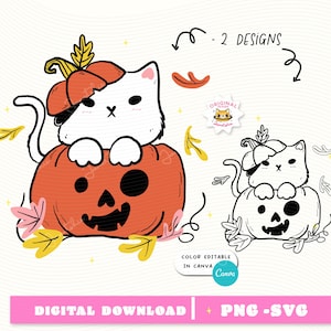 Cute Autumn Cat Halloween SVG | Kawaii Kitten in Carved Pumpkin | Halloween Cat Outline PNG Clipart for Sublimation, Stickers & Shirts