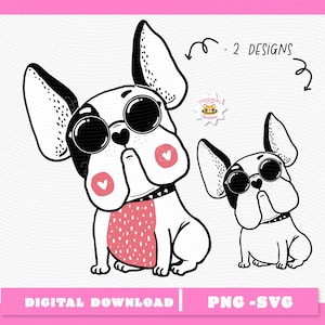 Cute French Bulldog SVG PNG | Feral Funny Dog with Glasses | Frenchie Puppy Clipart Coloring Outline | Dog Lover Gift Cricut Silhouette File