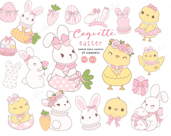 Coquette Easter Clipart PNG Set: Bunny, Chick, Peeps (Digital Download)