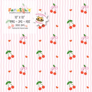 May include: Seamless pattern design featuring red cherries with green leaves and pink bows, scattered on a pink and white striped background. The design includes the text "Janatshie SEAMLESS PATTERN 10" x 10" PNG - JPG - PDF 300 DPI. Transparent Background."