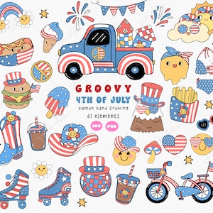 Groovy 4 juillet PNG rétro Funky Disco 4 juillet clipart Hippie Summer America Independence disco ambiance positive doodle dessin à la main