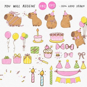 Birthday Capybara PNG | EPS Clipart Set | Cute Party Animal Cartoon Doodle | Capybara with Hat, Balloon, Cake | Printable Sublimation Design.

Bring the birthday cheer with this adorable Capybara Party Clipart Set! Featuring a lovable capybara in festive poses—wearing a party hat, holding balloons, cake, and more—this playful hand-drawn cartoon doodle set is perfect for invitations, stickers, shirts, cards, and sublimation projects.