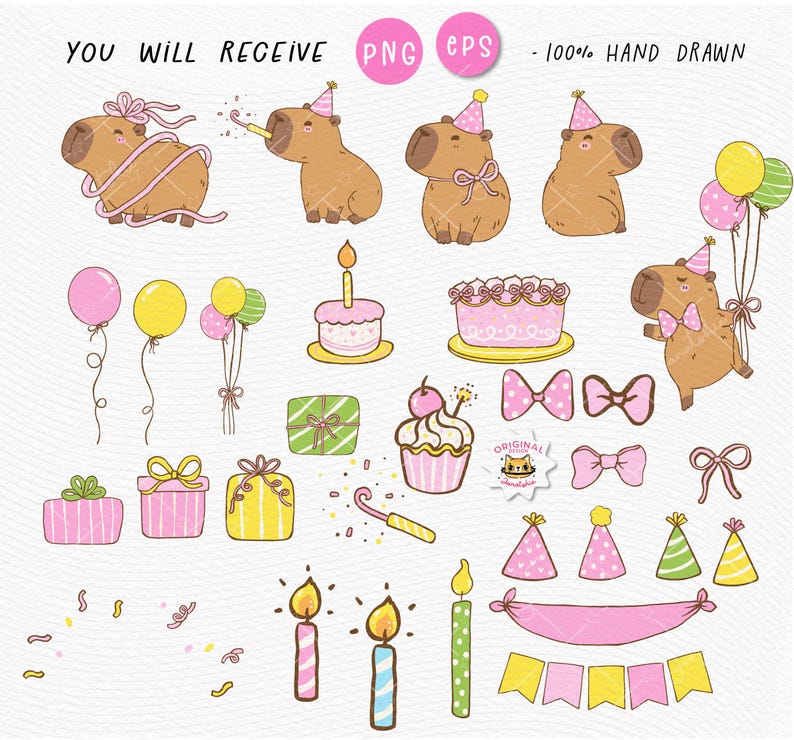 Birthday Capybara PNG | EPS Clipart Set | Cute Party Animal Cartoon Doodle | Capybara with Hat, Balloon, Cake | Printable Sublimation Design.

Bring the birthday cheer with this adorable Capybara Party Clipart Set! Featuring a lovable capybara in festive poses—wearing a party hat, holding balloons, cake, and more—this playful hand-drawn cartoon doodle set is perfect for invitations, stickers, shirts, cards, and sublimation projects.